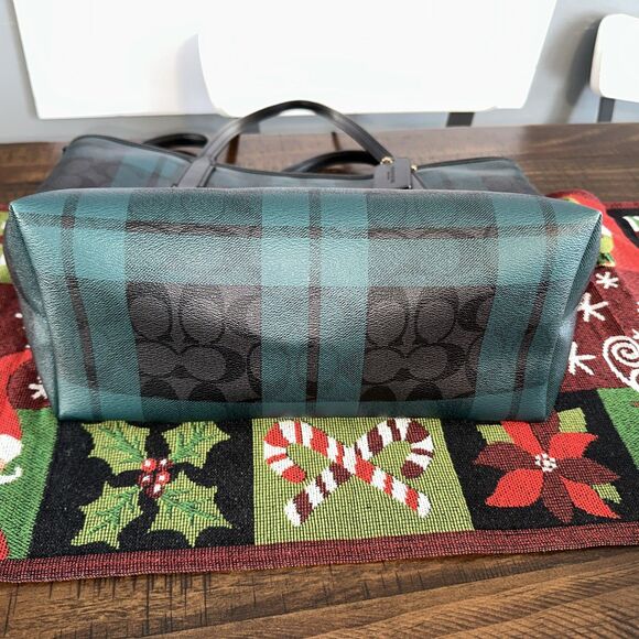 Coach Zip Top Tote with Green And Black Field Plaid Print (Style F80028) - Picture 5 of 11